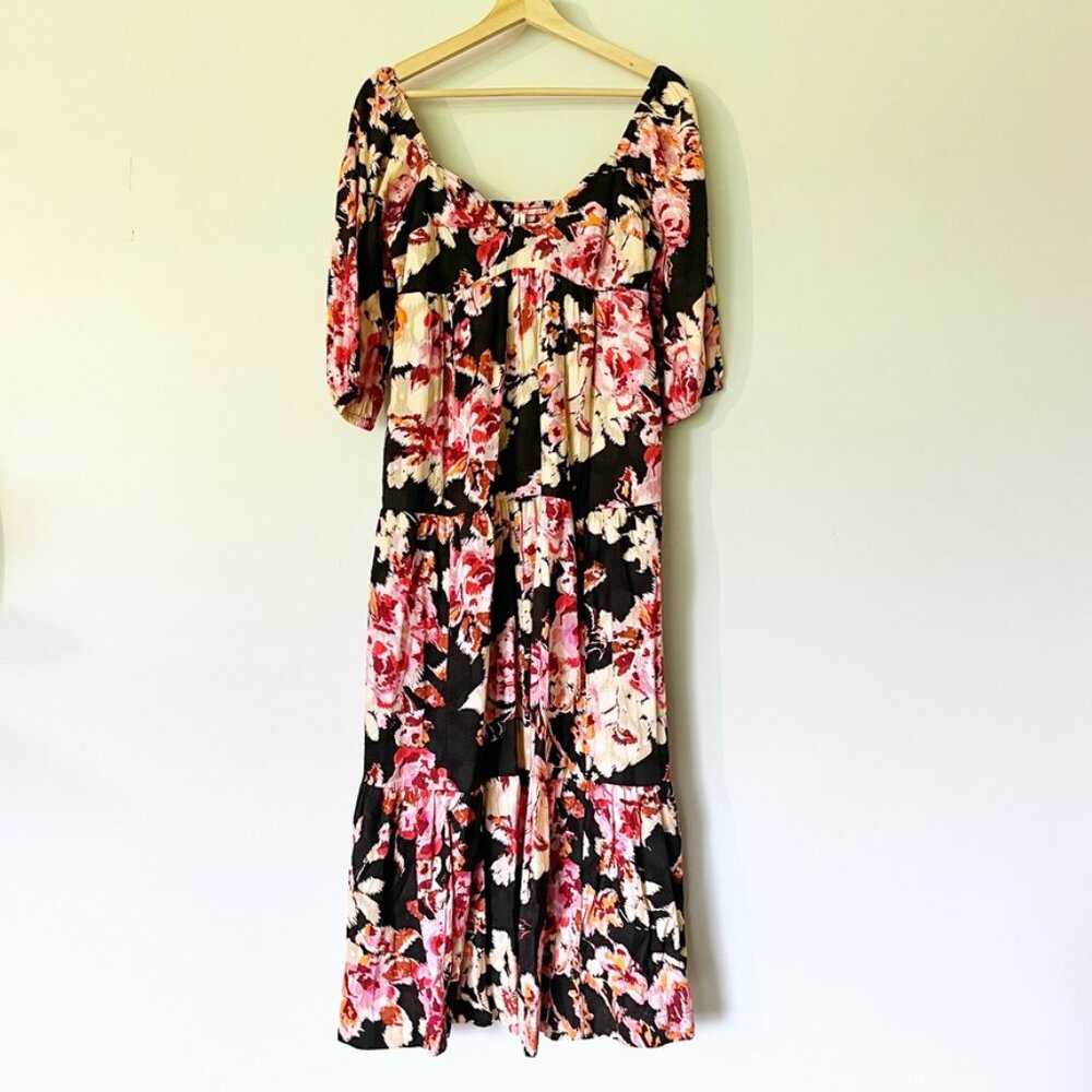 By Anthropologie Dress Size Small Blossom Floral Maxi‎ Black Pink Tiered Peasant